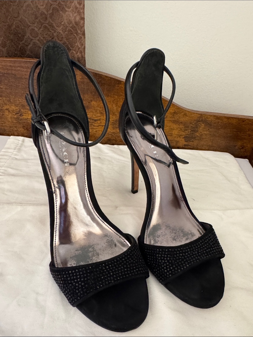 Coach Black Suede Beaded Open-Toe Stiletto Sandals